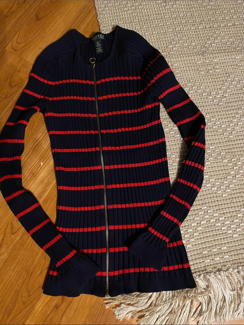 Ralph Lauren Navy and Red Ribbed Zip-Front Cardigan M